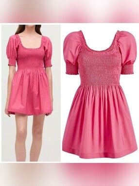 Hill House Naia Pink Smocked Puff-Sleeve Mini Dress